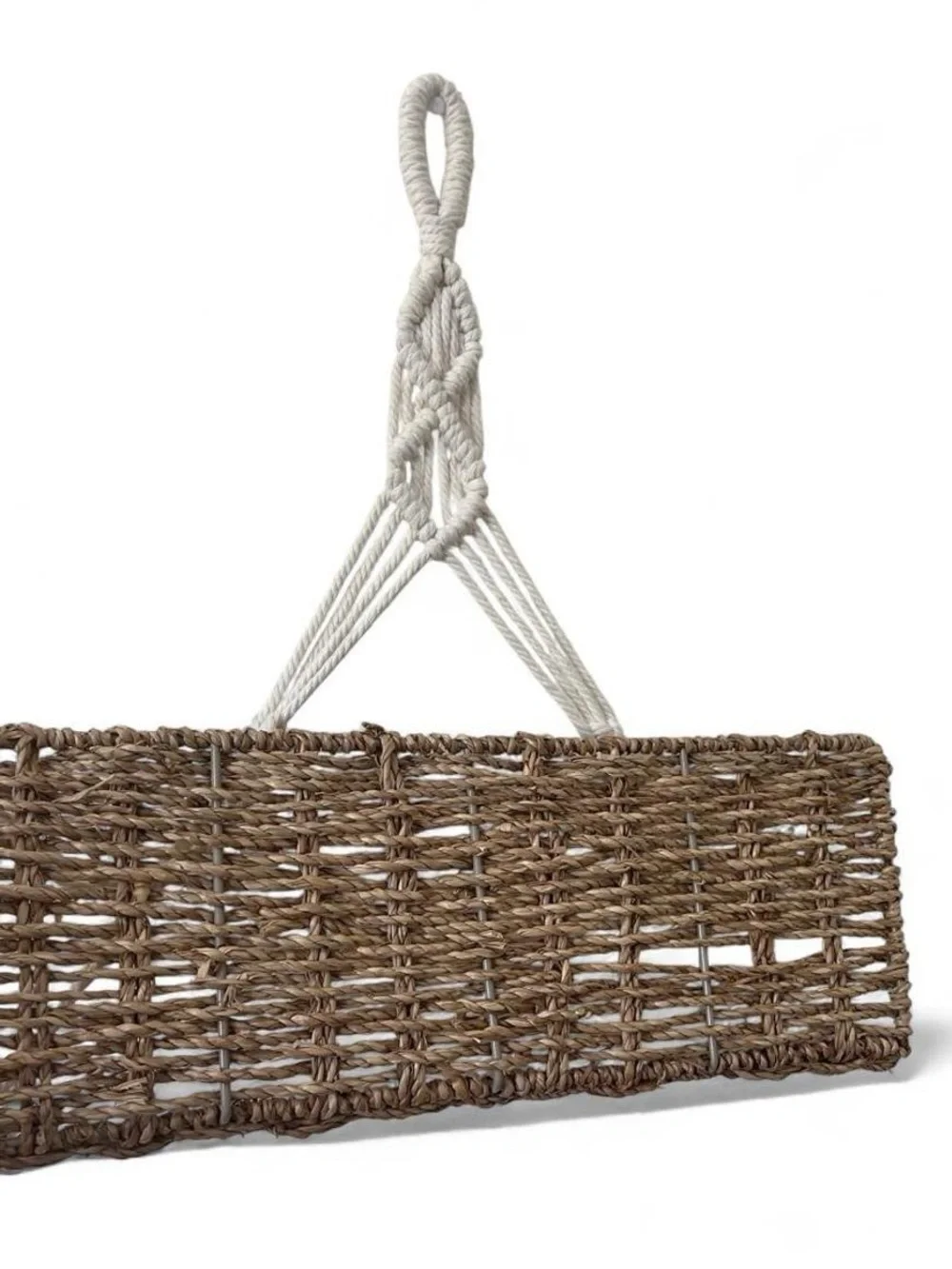 15” Rustic Boho Natural Seagrass Hanging Shelf Woven Cotton Triangular Macrame